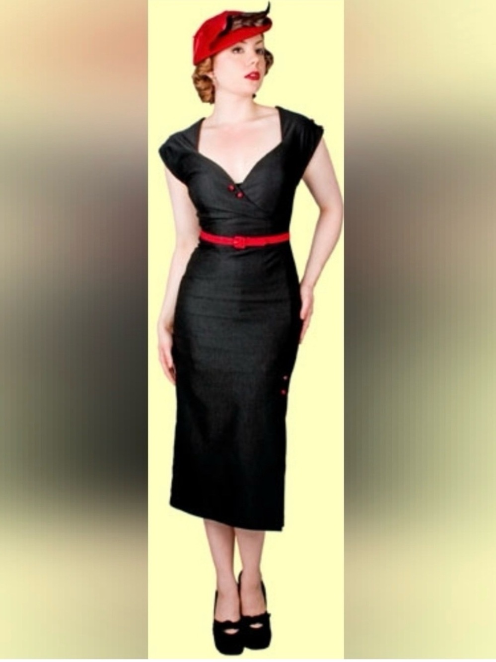 Vintage-Inspired Navy Midi Dress with Red Accents